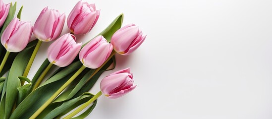 Obraz premium Pink tulip bouquet on white Women s Day card