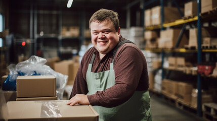 Cheerful young man with down syndrome working in a warehouse, social inclusion concept. Generative AI - obrazy, fototapety, plakaty