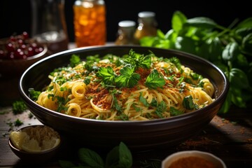 Rustic bowl of pasta with fresh herbs, Generative AI