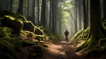 Embark on a journey into the heart of nature as a mountain biker explores a remote forest trail. The dappled sunlight filters through the dense canopy, casting enchanting shadows on the path. © CanvasPixelDreams