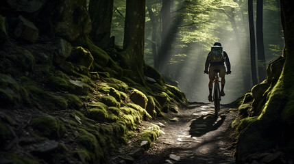 Embark on a journey into the heart of nature as a mountain biker explores a remote forest trail. The dappled sunlight filters through the dense canopy, casting enchanting shadows on the path.