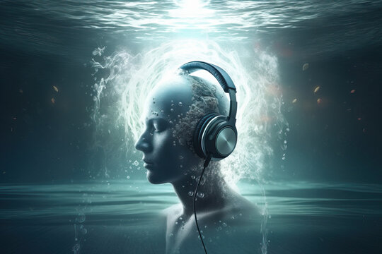 Portrait Of Futuristic Looking Person With Headphones Inside Water