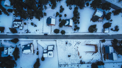 Aerial view of the town with the snow