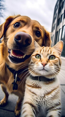 Best buddy friends taking a selfie, cat and dog smile into the camera, generative ai 