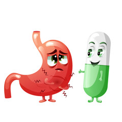 Sick sad bloated stomach with medicine capsule characters
