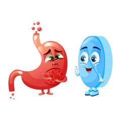 Bloated stomach with belching and medicine capsule characters