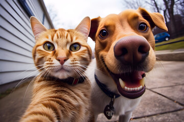 Best buddy friends taking a selfie, cat and dog smile into the camera, generative ai 