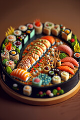 Miniature feast: tilt-shift magic captures the allure of a sushi platter, a culinary artwork, Generative AI