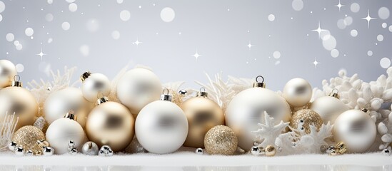 Winter holiday themed cosmetic setup with white podium and Christmas ball decorations on a white backdrop
