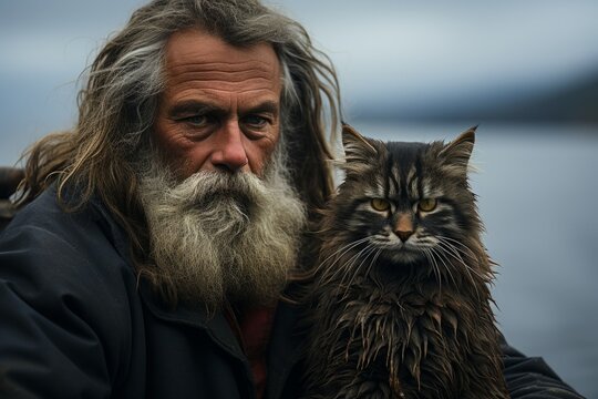 Fisherman with their patient cat waiting for the catch of the day, Generative AI