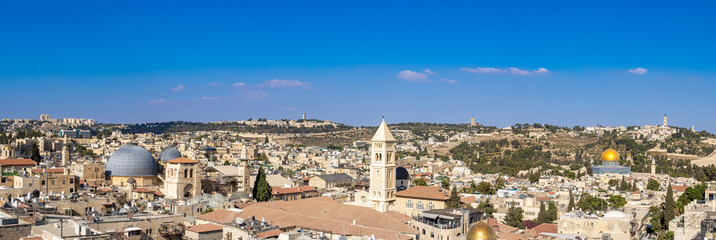 Panoramic skyline view of Jerusalem and arab and jewish neighborhood near historic center.