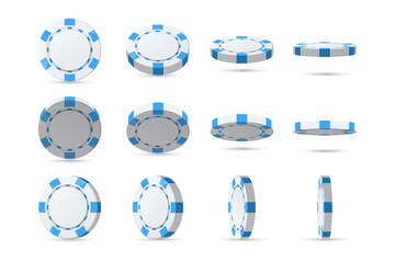 Set of white casino poker chip in different, various position. Collection of diamonds, hearts, clubs, spades tokens. Raise money. Play roulette. Isolated on white background. Vector illustration