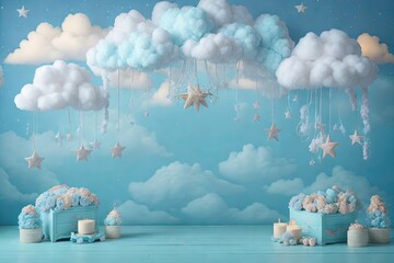 Whimsical Blue Baby Digital Backdrop Photography Background Cake Smash Pastel Backdrop Studio Overlays Photo Shoots Baby Composites Kids