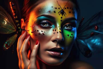 Sensual woman with body art and colored butterflies. Generative AI