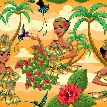 Caribbean girl with Traditional, Hummingbirds, Palm Trees, Hibiscuses Vector Seamless Pattern
