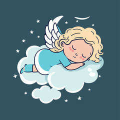 Sweet Angel Resting on a Cloud - Vector Flat SVG Illustration