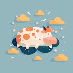 Adorable Cow Resting on a Cloud - Vector Flat SVG Illustration