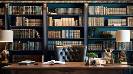Luxurious virtual office background with wooden shelves