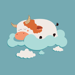 Adorable Cow Resting on a Cloud - Vector Flat SVG Illustration