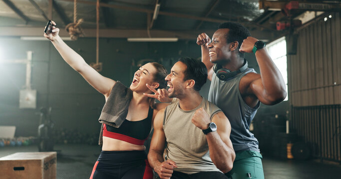 Selfie, teamwork and fitness with friends at gym for social media, workout and health. Support, profile picture and wellness with people and training for smile, photography and exercise together - Powered by Adobe
