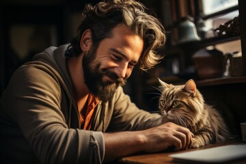 Teacher giving an online lesson with their attentive cat, Generative AI