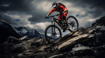 Marvel at the art of balance as a mountain biker conquers a challenging rock garden. The intricate details of the rocky terrain and the rider's unwavering focus create a captivating scene.