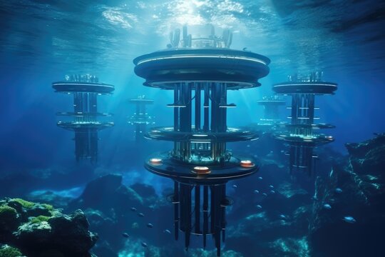 Futuristic power plant of the future in the ocean, water energy