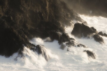  waves breaking on the shore, cape A Frouxeira, A Coruna, Galicia, Spain, temporary sea coast, diffuser filter, conceptual photo,