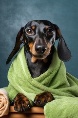 Portrait of a black and tan Dachshund dog wrapped in a towel.