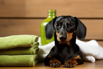 Portrait of a black and tan Dachshund dog wrapped in a towel.
