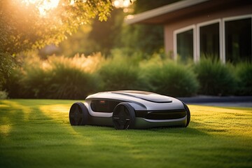 Sunny scene featuring a robotic lawn mower in action.