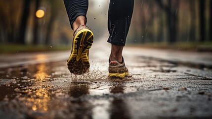 close up legs of runner running on a straight road in the middle in rainy day with trees on both sides, high resolution, Generative AI - obrazy, fototapety, plakaty