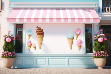 blank poster mockup on ice cream shop window or store front