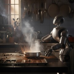 Robot attempts to cook in the kitchen