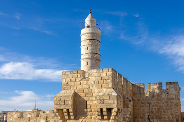 Jerusalem, Israel, landmark citadel Migdal David Tower of David in Old City near Jaffa Gate.