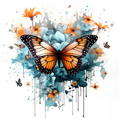 Watercolor Butterfly with flowers Illustration, Generative Ai