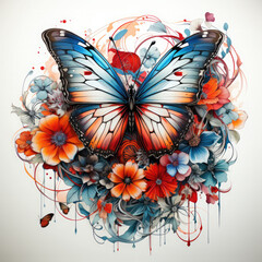 Watercolor Butterfly with flowers Illustration, Generative Ai