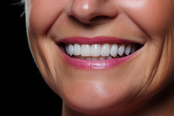 Closeup mouth of a laughing young woman with white teeth implants, overbite