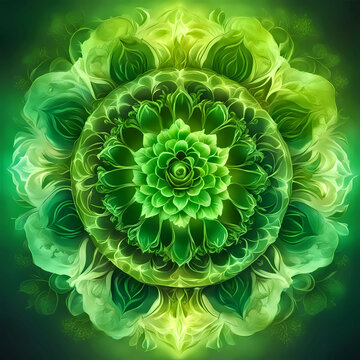 Abstract green floral fractal circular mandala design.