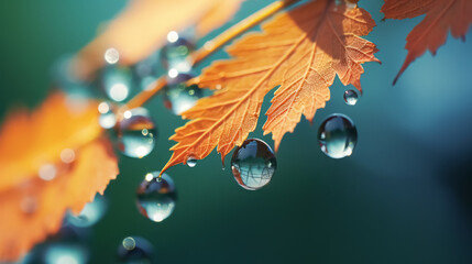 Beautiful autumn morning dew nature background. Fall closeup bright foliage with water droplets.