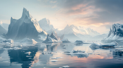Fototapeta na wymiar Arctic Fantasy Landscape with Icebergs and Beautiful Panorama Abstract Illustration Digital Art Wallpaper Background Backdrop Cover Magazine