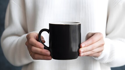 Black mug in woman's hands mockup
