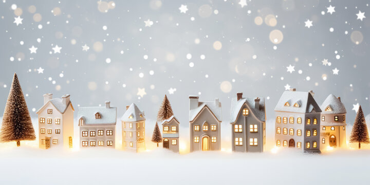 Ceramic houses cozy miniature village decoration Christmas, New Year modern copy space background. © Bisams