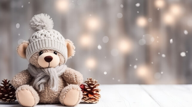 Lovely knitted toy bear cute Christmas background, copy free space. Sweet seasonal greeting card.