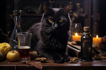 Black Cat, Halloween's Bewitched Feline, A Mysterious Witch's Lair, Filled with Potions, Herbs, Candles, and Pumpkins-edit - obrazy, fototapety, plakaty