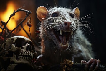 Scary Rat, Halloween's Monstrous Rodent, A Terrifying Giant Rat in a Spine-Chilling Witchcraft Setting with Skulls, Pumpkins, and Candles-edit - obrazy, fototapety, plakaty