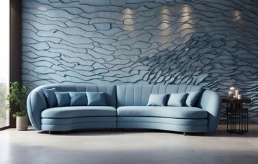 modern blue living room with blue sofa and wavy wall, curved backround, using Generative ai