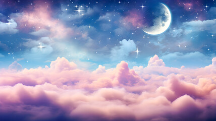 A watercolor fantasy clouds cape with stars and a crescent moon overlaid with a vintage