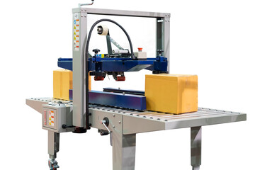 paper cardboard box or carton on roller conveyor of automatic masking tape sealing machine for commercial packing industrial isolated on white with clipping path