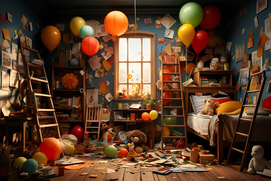 Kids bedroom with clothes and mess around